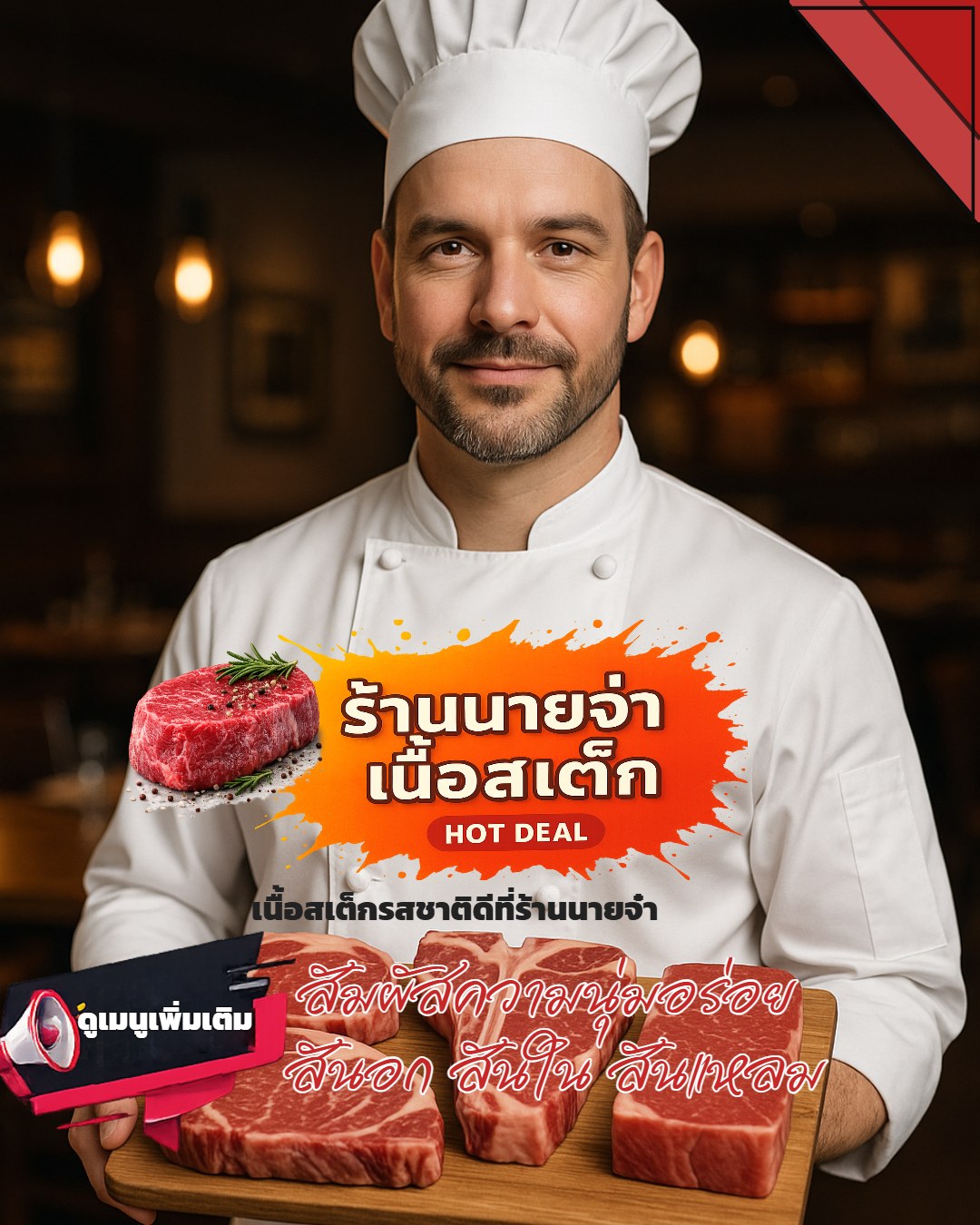 ร้านนายจ๋า บริการเนื้อสเต็ก จะเอานุ่มอร่อยก็ สันอก สันใน สันแหลม สู้ลิ้นหน่อยก็ พิคานย่า ริบอาย รสชาติดี ไม่เหนียวเกินไป